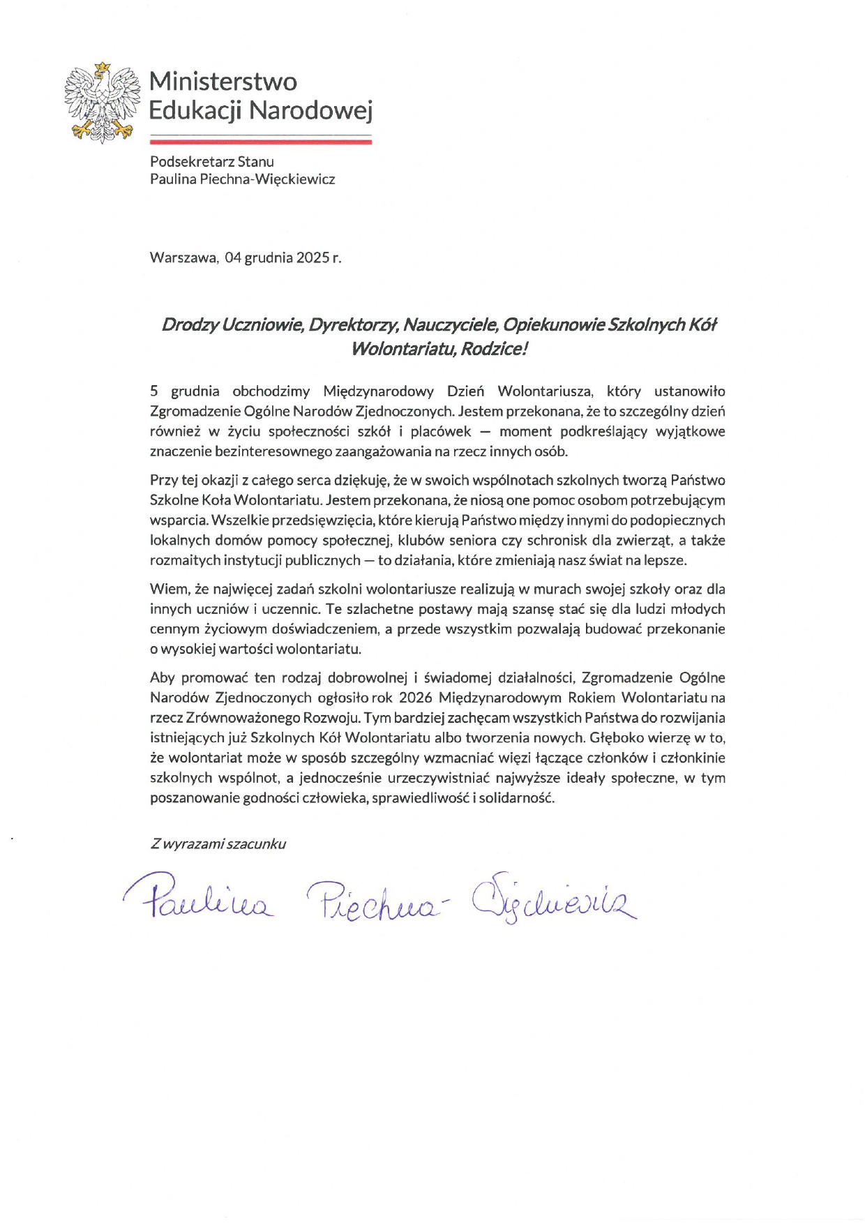 List Pani Pauliny Piechny Wieckiewicz z okazji Miedzynarodowego Dnia Wolontariusza 6931a3eac74a2 page 0001